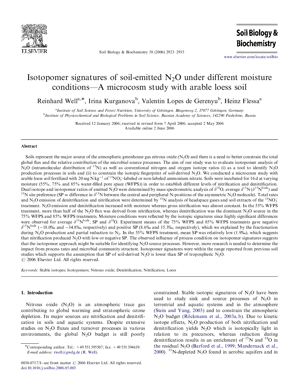 Isotopomer signatures of soil-emitted N2O under different moisture conditions—A microcosm study with arable loess soil