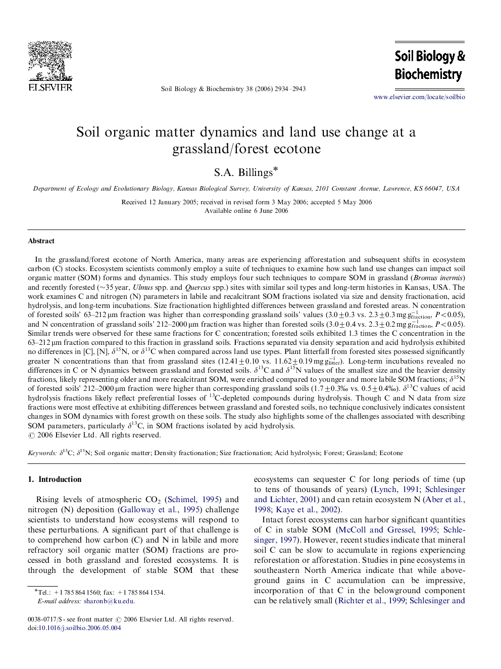 Soil organic matter dynamics and land use change at a grassland/forest ecotone