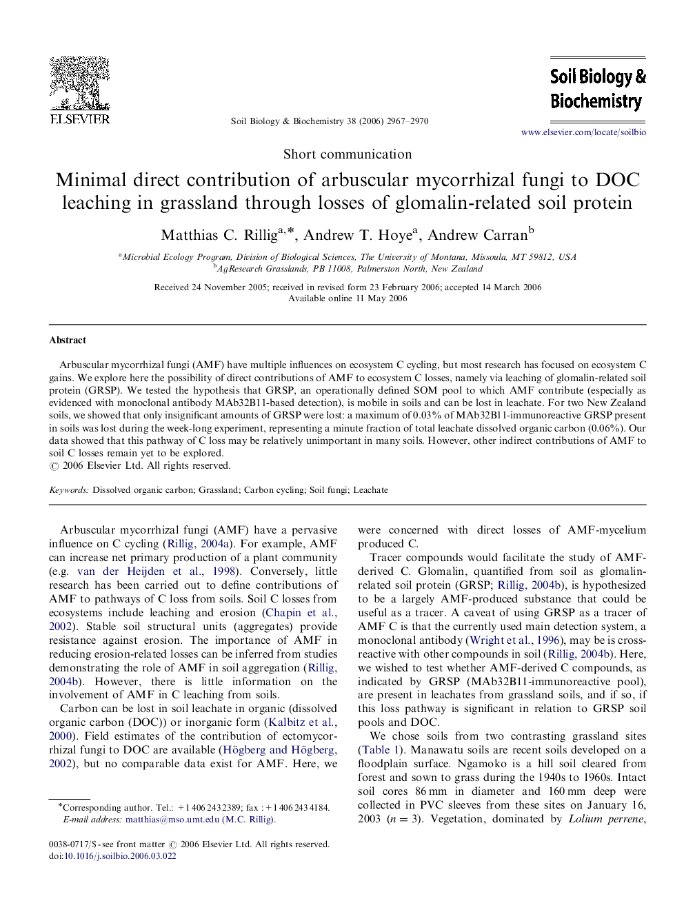 Minimal direct contribution of arbuscular mycorrhizal fungi to DOC leaching in grassland through losses of glomalin-related soil protein