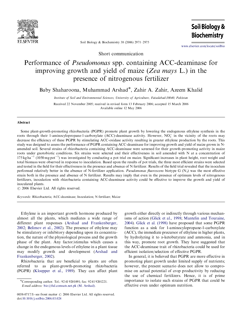 Performance of Pseudomonas spp. containing ACC-deaminase for improving growth and yield of maize (Zea mays L.) in the presence of nitrogenous fertilizer