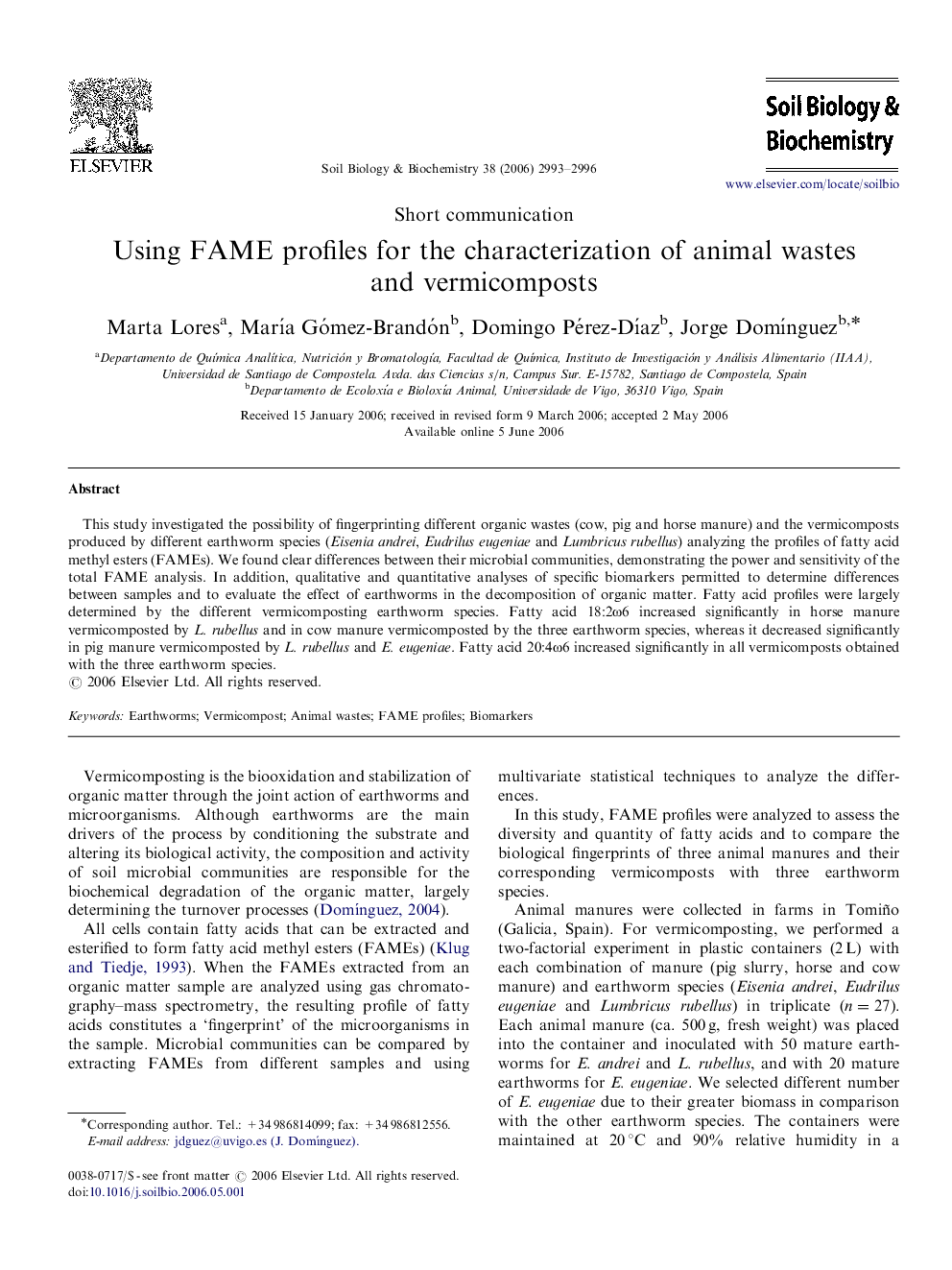 Using FAME profiles for the characterization of animal wastes and vermicomposts