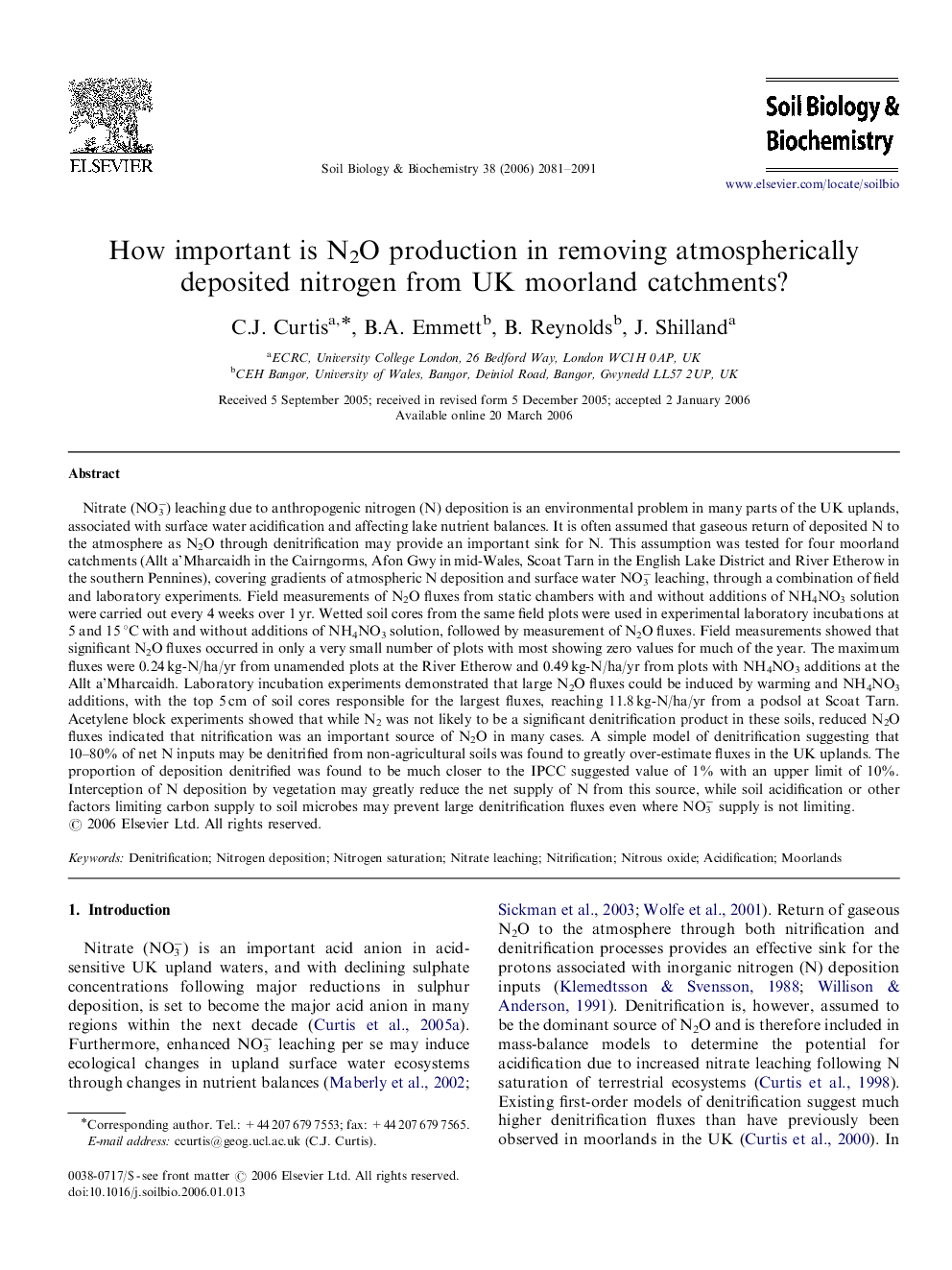 How important is N2O production in removing atmospherically deposited nitrogen from UK moorland catchments?