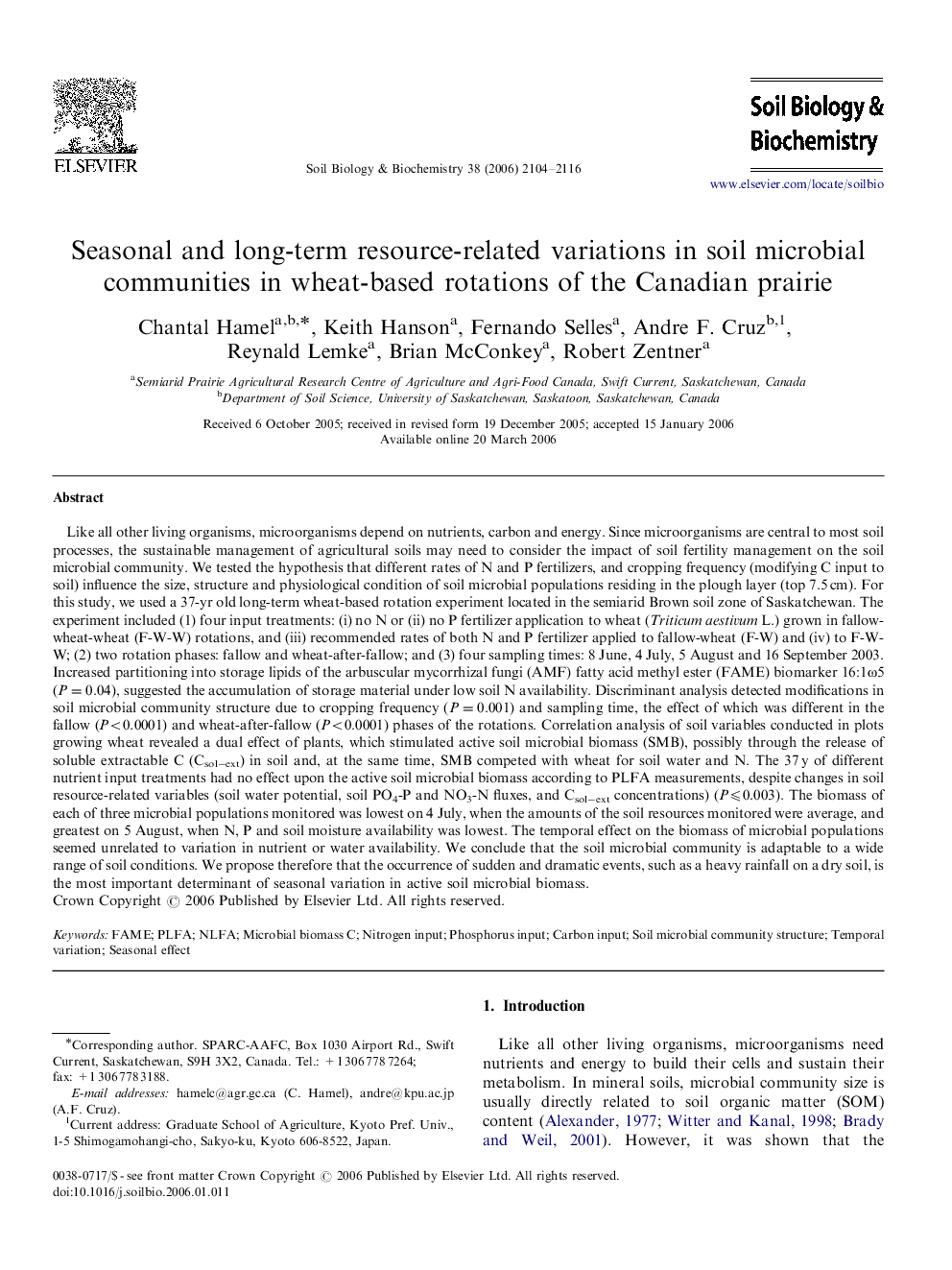 Seasonal and long-term resource-related variations in soil microbial communities in wheat-based rotations of the Canadian prairie