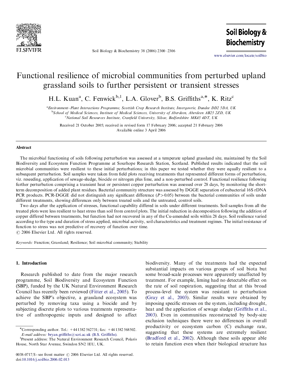 Functional resilience of microbial communities from perturbed upland grassland soils to further persistent or transient stresses