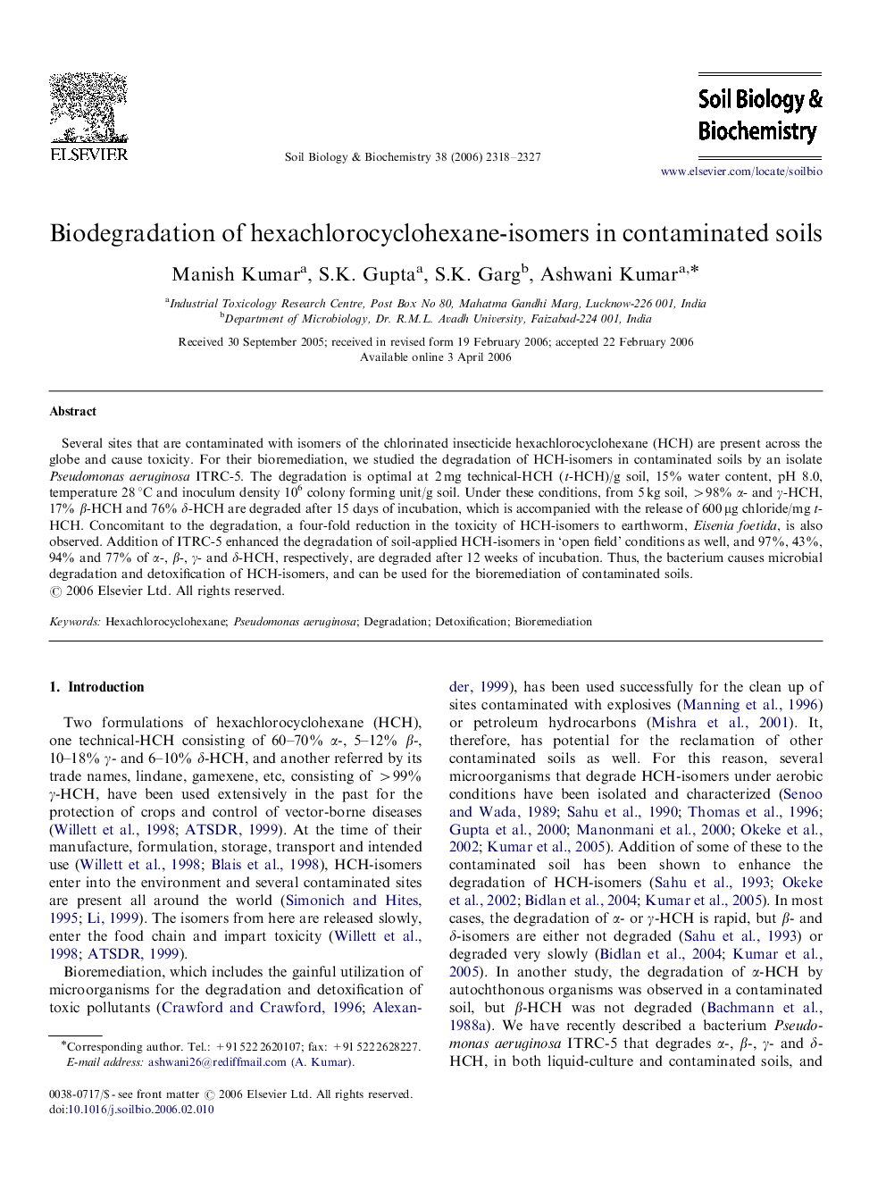 Biodegradation of hexachlorocyclohexane-isomers in contaminated soils