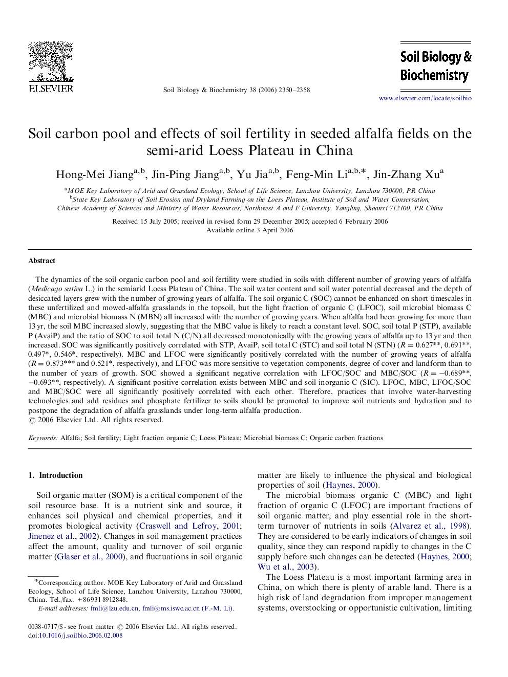 Soil carbon pool and effects of soil fertility in seeded alfalfa fields on the semi-arid Loess Plateau in China