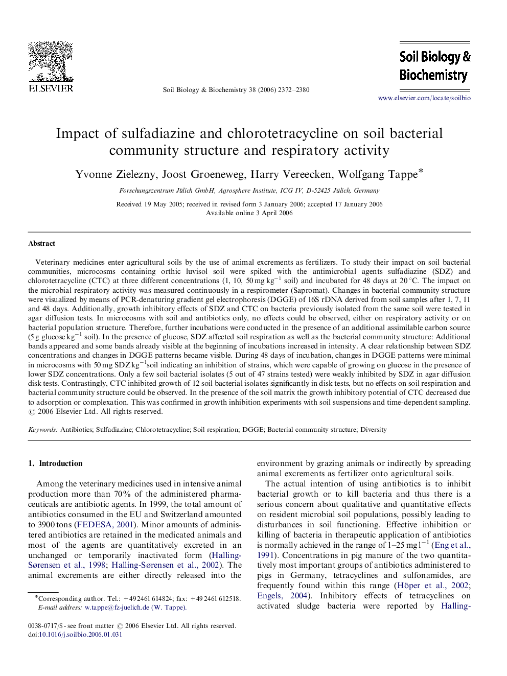 Impact of sulfadiazine and chlorotetracycline on soil bacterial community structure and respiratory activity