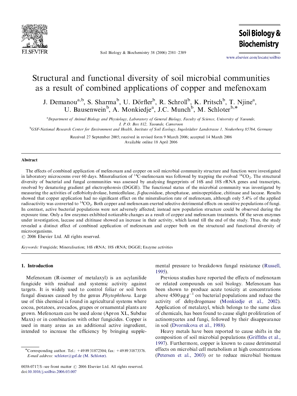 Structural and functional diversity of soil microbial communities as a result of combined applications of copper and mefenoxam