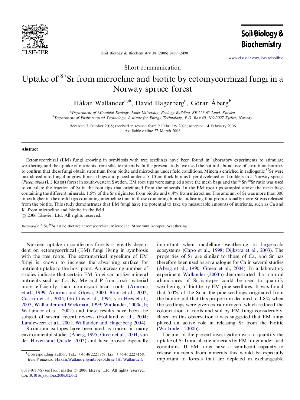 Uptake of 87Sr from microcline and biotite by ectomycorrhizal fungi in a Norway spruce forest