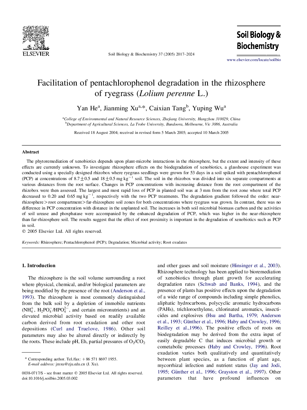 Facilitation of pentachlorophenol degradation in the rhizosphere of ryegrass (Lolium perenne L.)