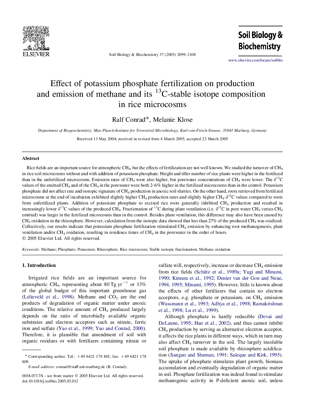 Effect of potassium phosphate fertilization on production and emission of methane and its 13C-stable isotope composition in rice microcosms