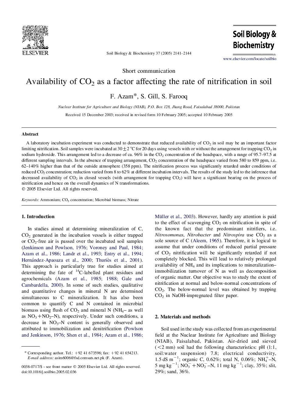 Availability of CO2 as a factor affecting the rate of nitrification in soil