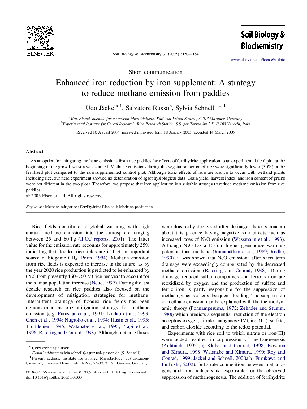 Enhanced iron reduction by iron supplement: A strategy to reduce methane emission from paddies