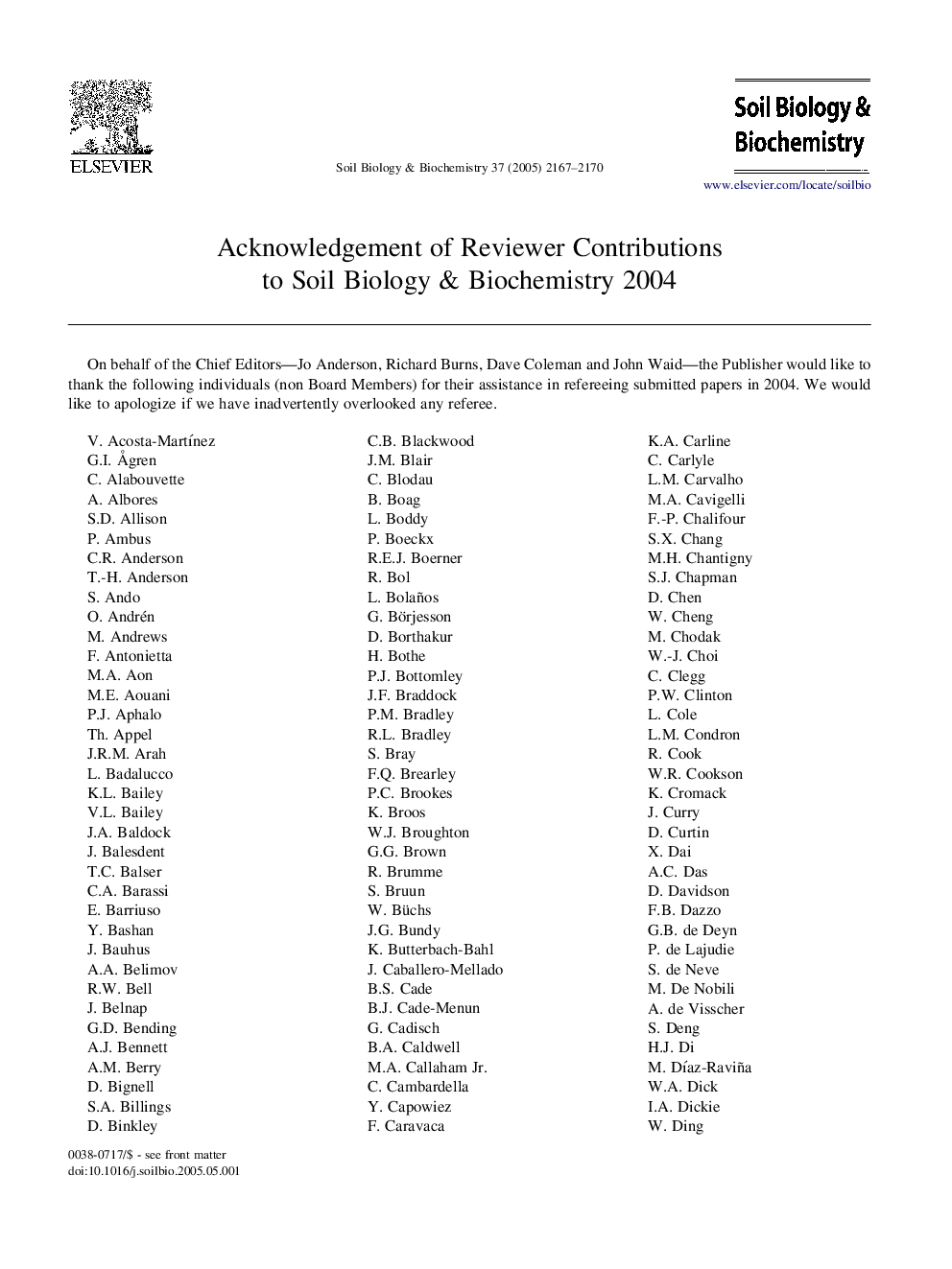 Acknowledgement of Reviewer Contributions to Soil Biology & Biochemistry 2004