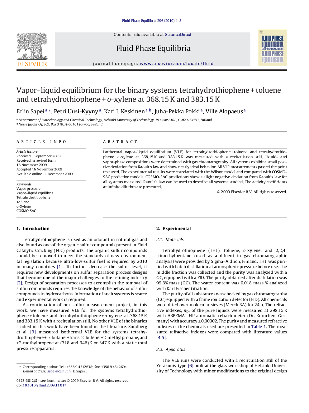 Vapor–liquid equilibrium for the binary systems tetrahydrothiophene + toluene and tetrahydrothiophene + o-xylene at 368.15 K and 383.15 K