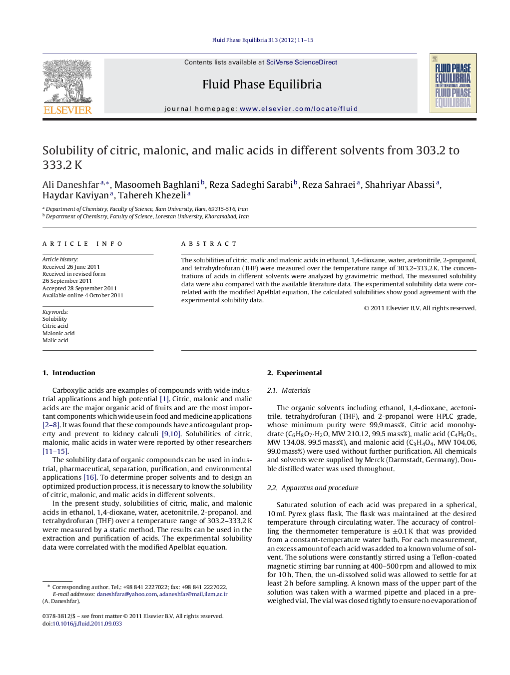 Solubility of citric, malonic, and malic acids in different solvents from 303.2 to 333.2 K