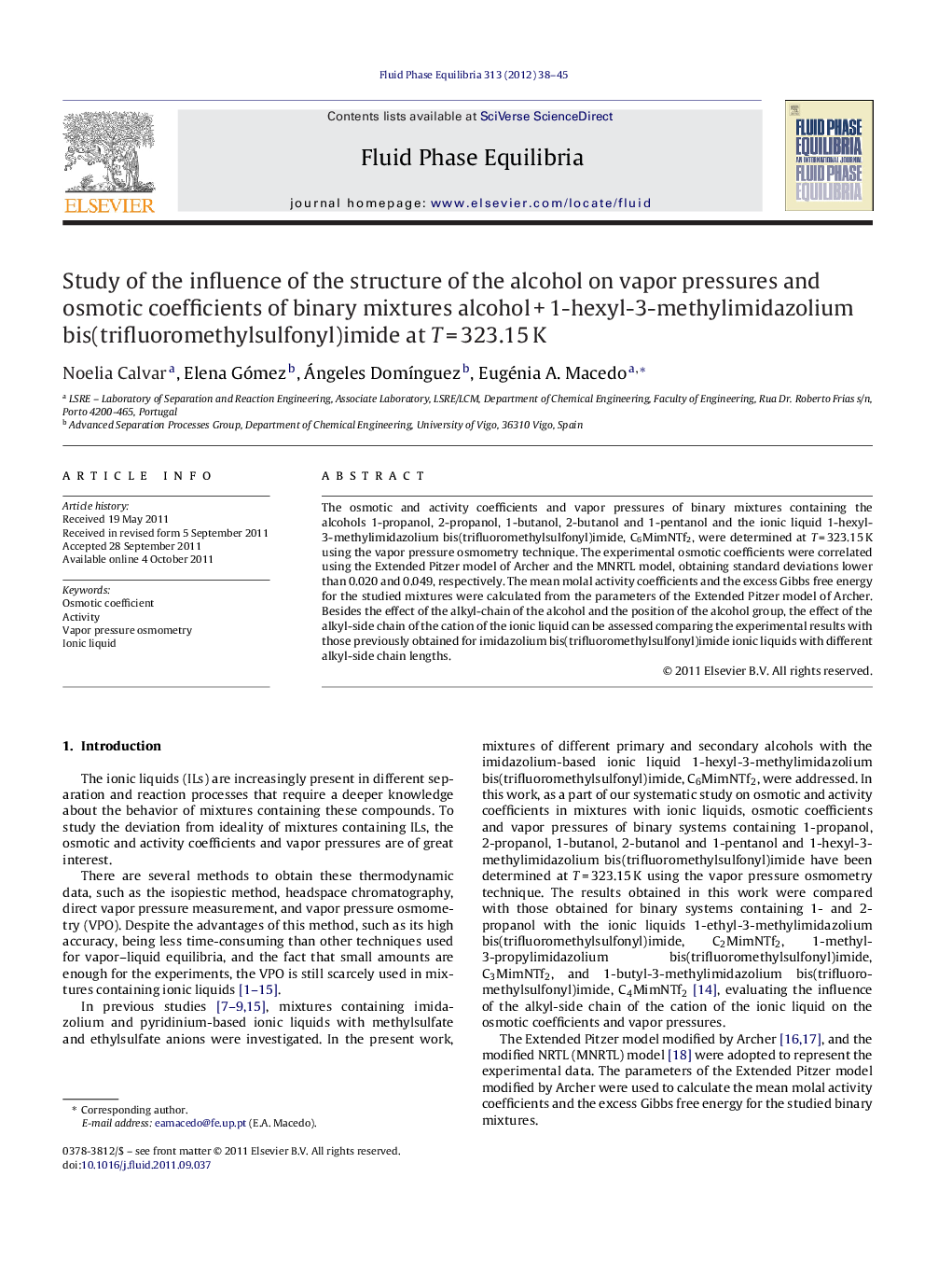 Study of the influence of the structure of the alcohol on vapor pressures and osmotic coefficients of binary mixtures alcohol + 1-hexyl-3-methylimidazolium bis(trifluoromethylsulfonyl)imide at T = 323.15 K