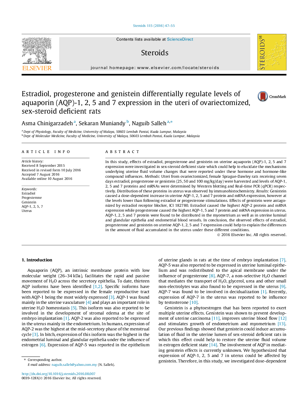 Estradiol, progesterone and genistein differentially regulate levels of aquaporin (AQP)-1, 2, 5 and 7 expression in the uteri of ovariectomized, sex-steroid deficient rats