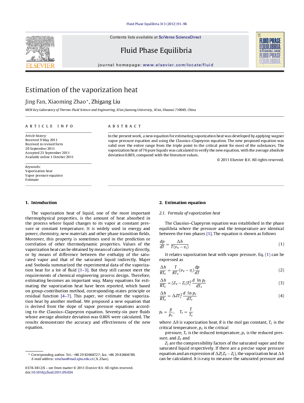 Estimation of the vaporization heat