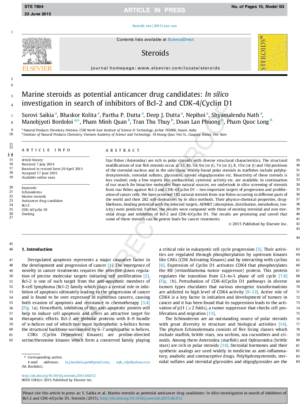 Marine steroids as potential anticancer drug candidates: In silico investigation in search of inhibitors of Bcl-2 and CDK-4/Cyclin D1