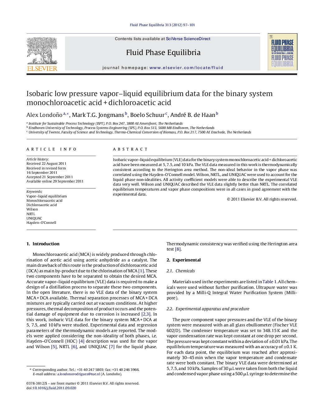 Isobaric low pressure vapor–liquid equilibrium data for the binary system monochloroacetic acid + dichloroacetic acid