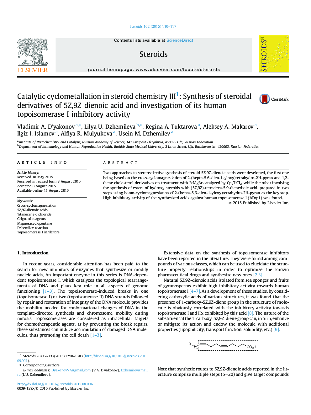 Catalytic cyclometallation in steroid chemistry III1: Synthesis of steroidal derivatives of 5Z,9Z-dienoic acid and investigation of its human topoisomerase I inhibitory activity