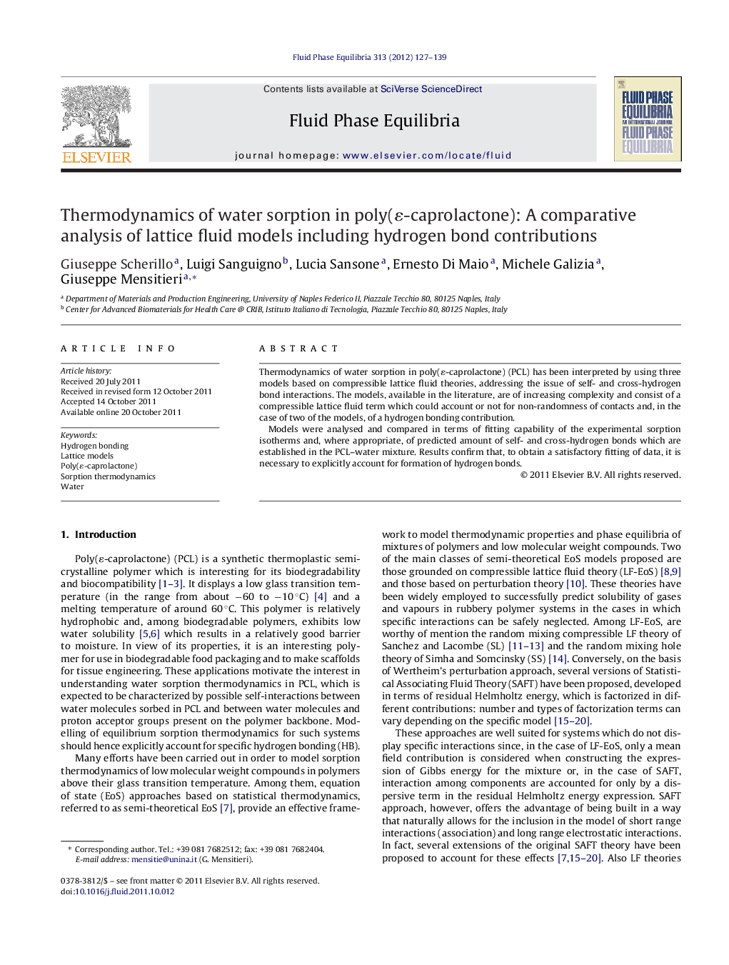 Thermodynamics of water sorption in poly(ɛ-caprolactone): A comparative analysis of lattice fluid models including hydrogen bond contributions