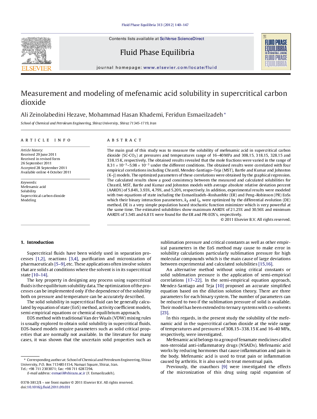 Measurement and modeling of mefenamic acid solubility in supercritical carbon dioxide