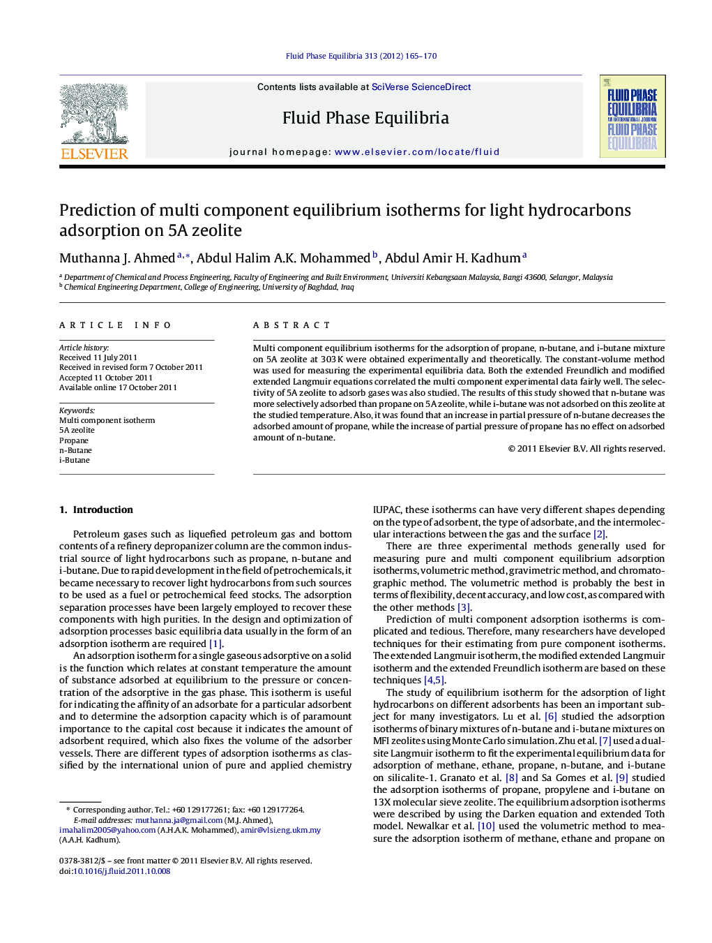 Prediction of multi component equilibrium isotherms for light hydrocarbons adsorption on 5A zeolite