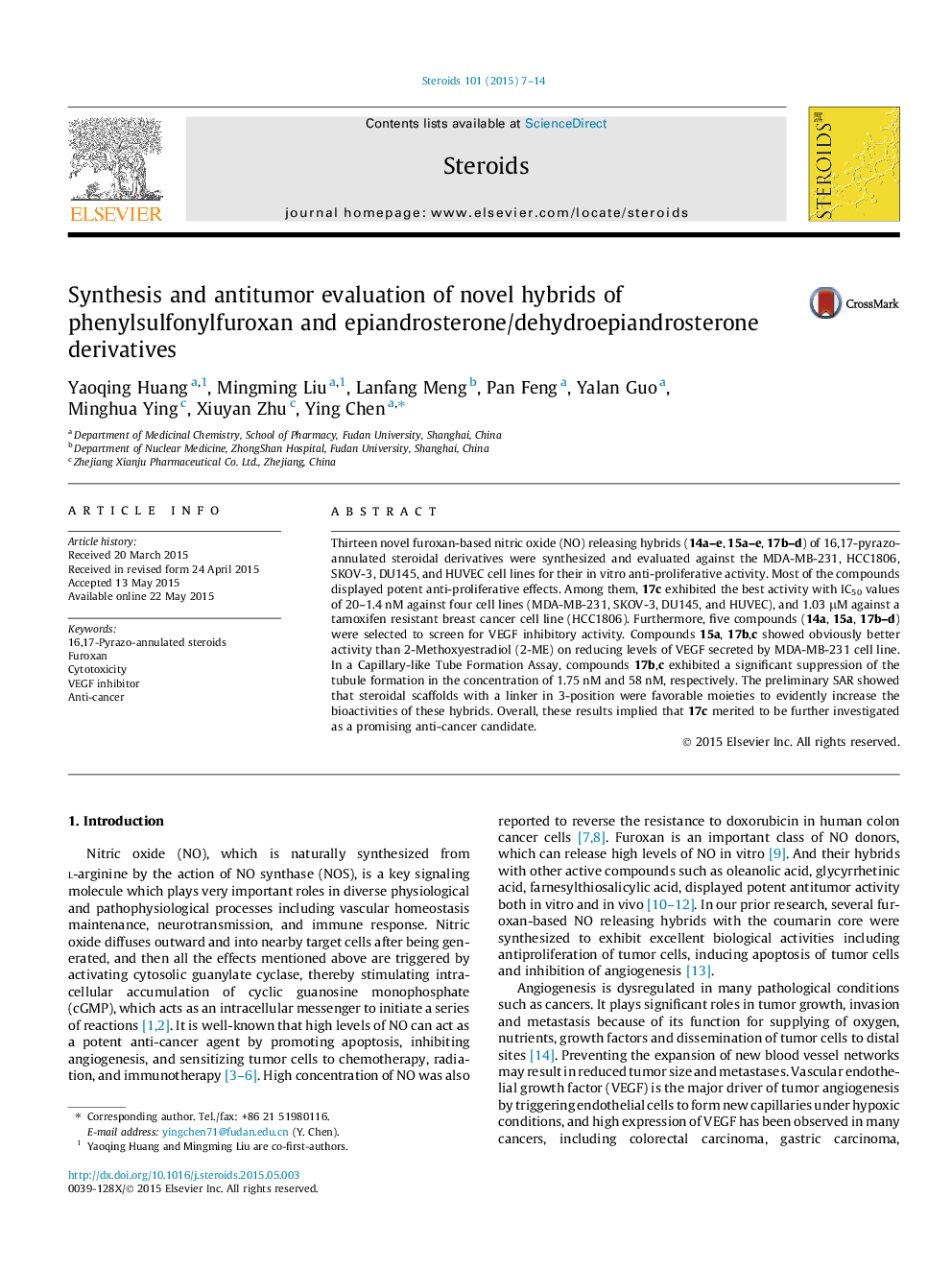 Synthesis and antitumor evaluation of novel hybrids of phenylsulfonylfuroxan and epiandrosterone/dehydroepiandrosterone derivatives