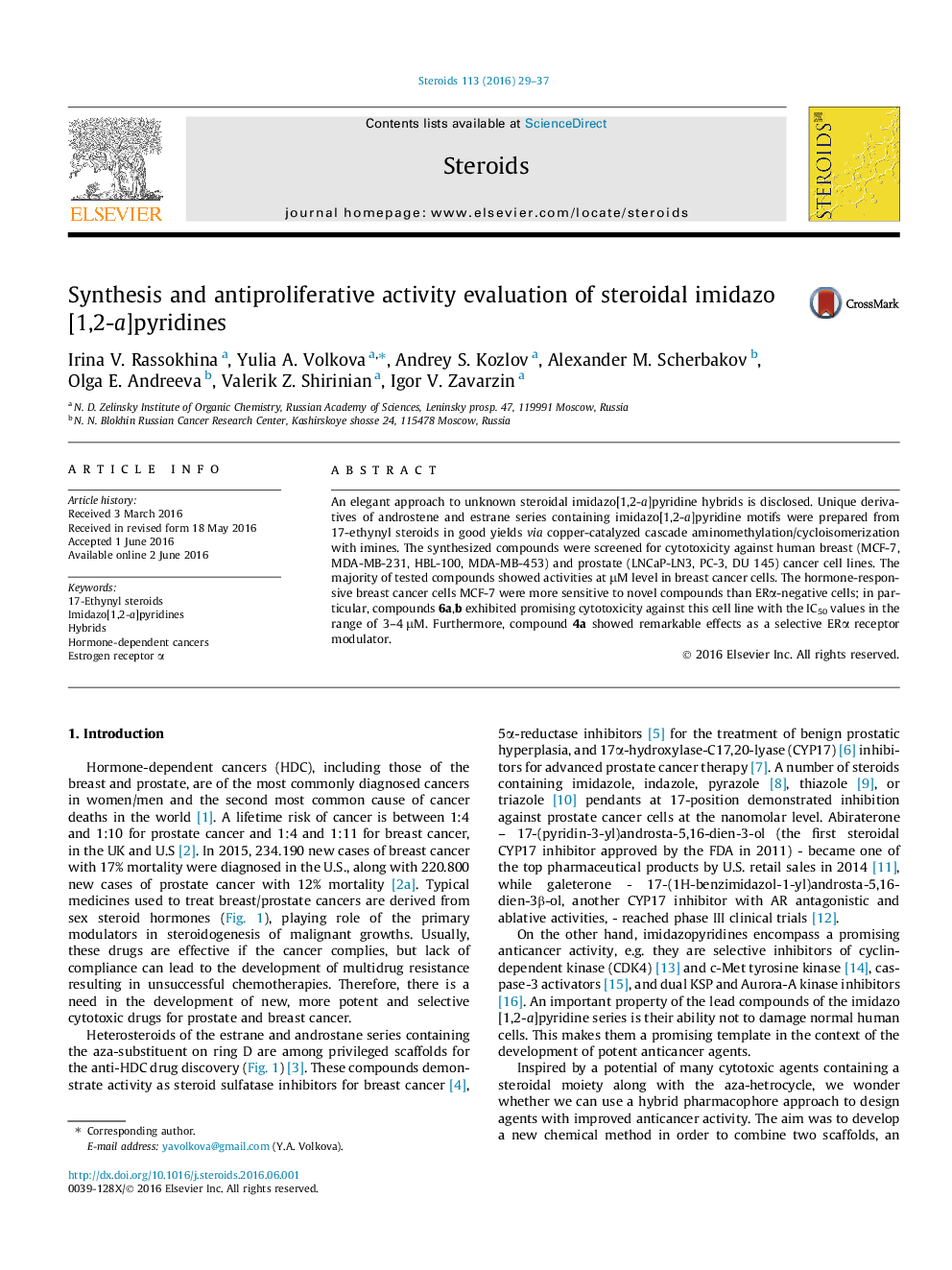 Synthesis and antiproliferative activity evaluation of steroidal imidazo[1,2-a]pyridines