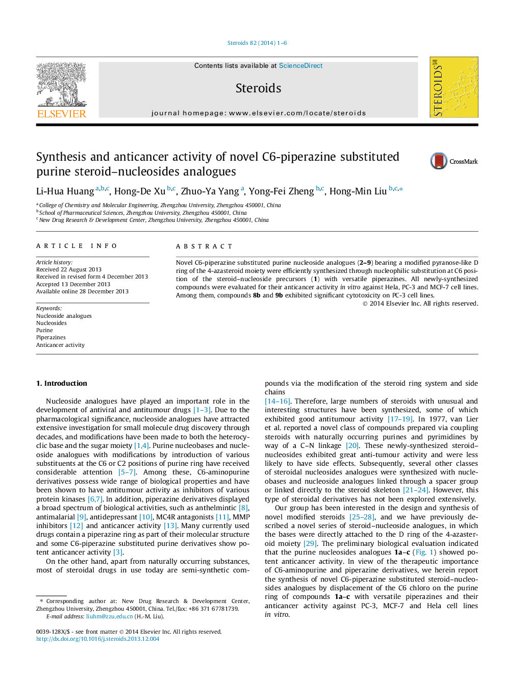 Synthesis and anticancer activity of novel C6-piperazine substituted purine steroid–nucleosides analogues