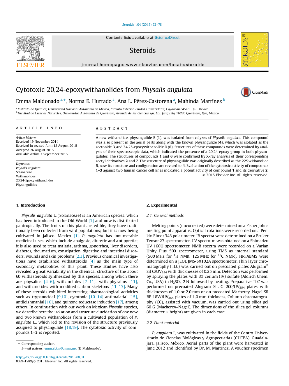 Cytotoxic 20,24-epoxywithanolides from Physalis angulata