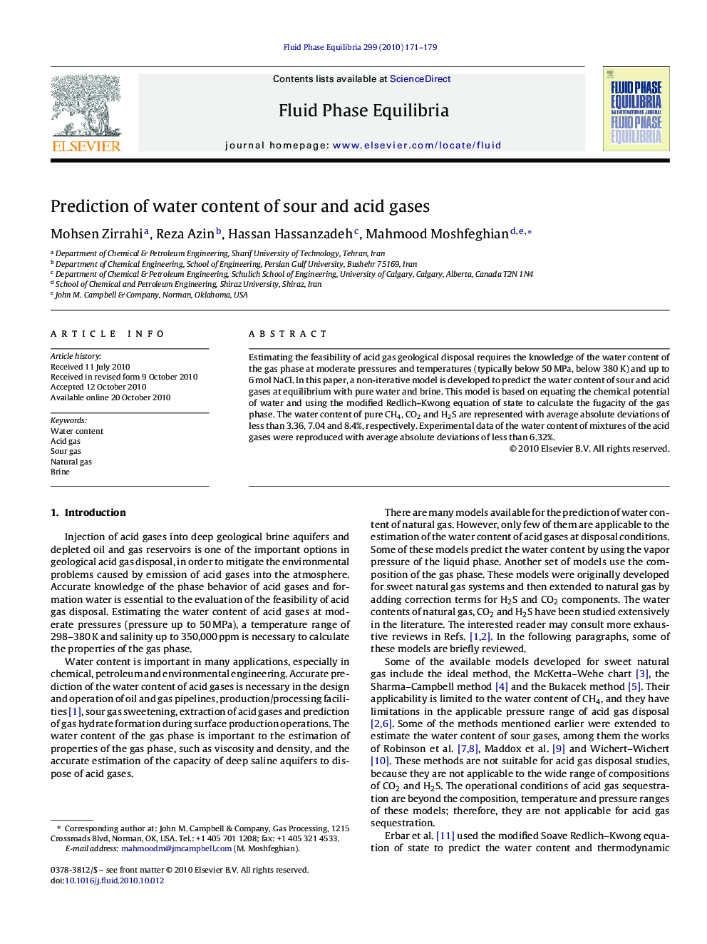 Prediction of water content of sour and acid gases