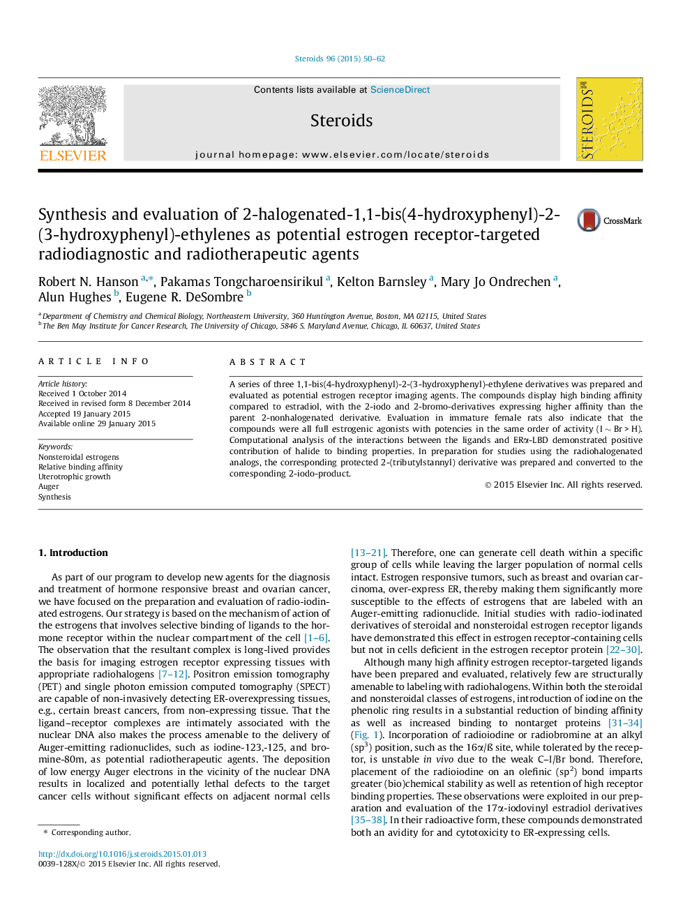 Synthesis and evaluation of 2-halogenated-1,1-bis(4-hydroxyphenyl)-2-(3-hydroxyphenyl)-ethylenes as potential estrogen receptor-targeted radiodiagnostic and radiotherapeutic agents