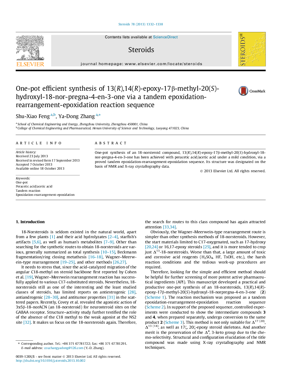 One-pot efficient synthesis of 13(R),14(R)-epoxy-17β-methyl-20(S)-hydroxyl-18-nor-pregna-4-en-3-one via a tandem epoxidation-rearrangement-epoxidation reaction sequence