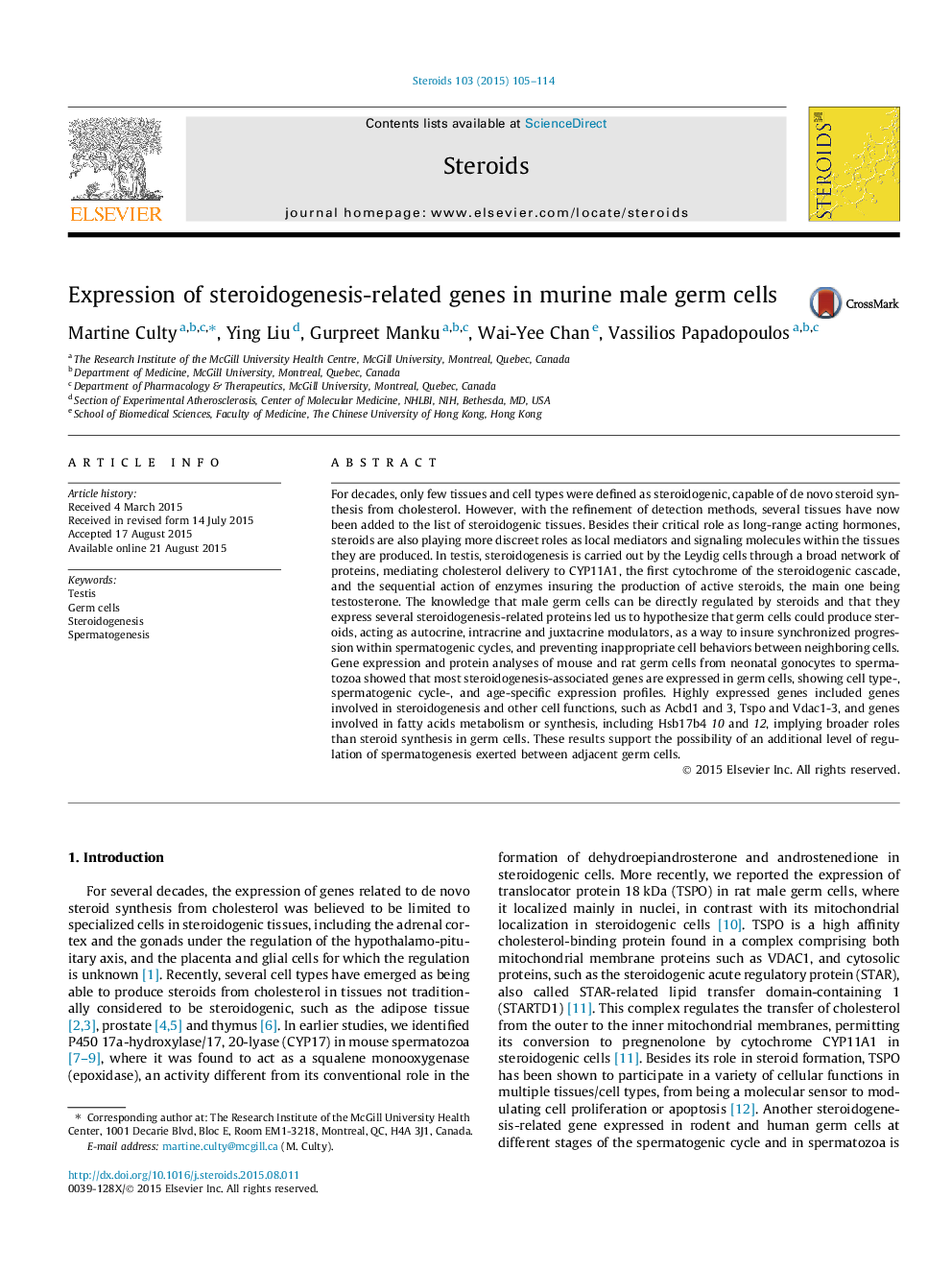 Expression of steroidogenesis-related genes in murine male germ cells