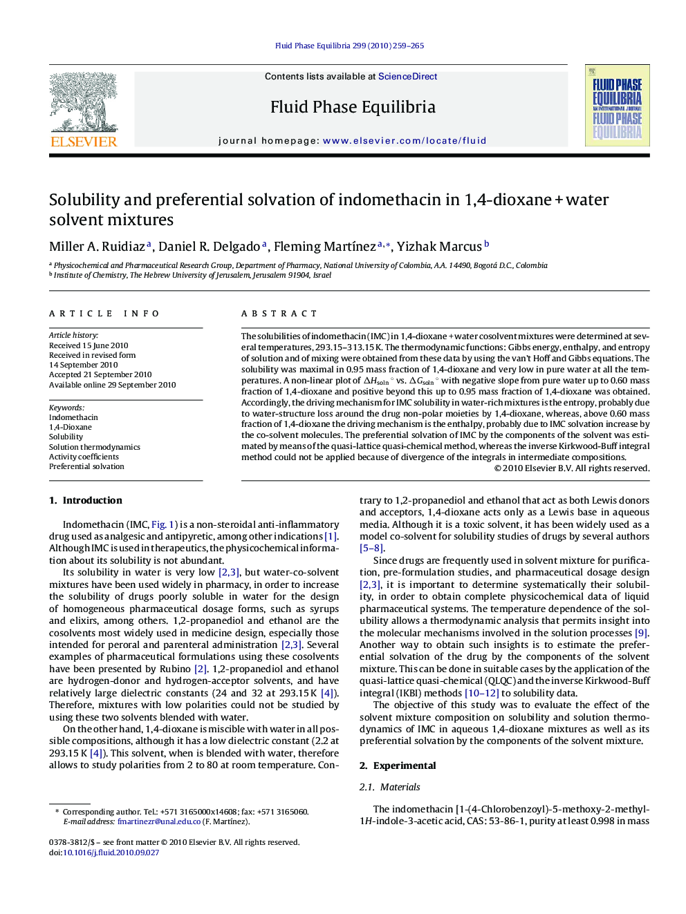 Solubility and preferential solvation of indomethacin in 1,4-dioxane + water solvent mixtures