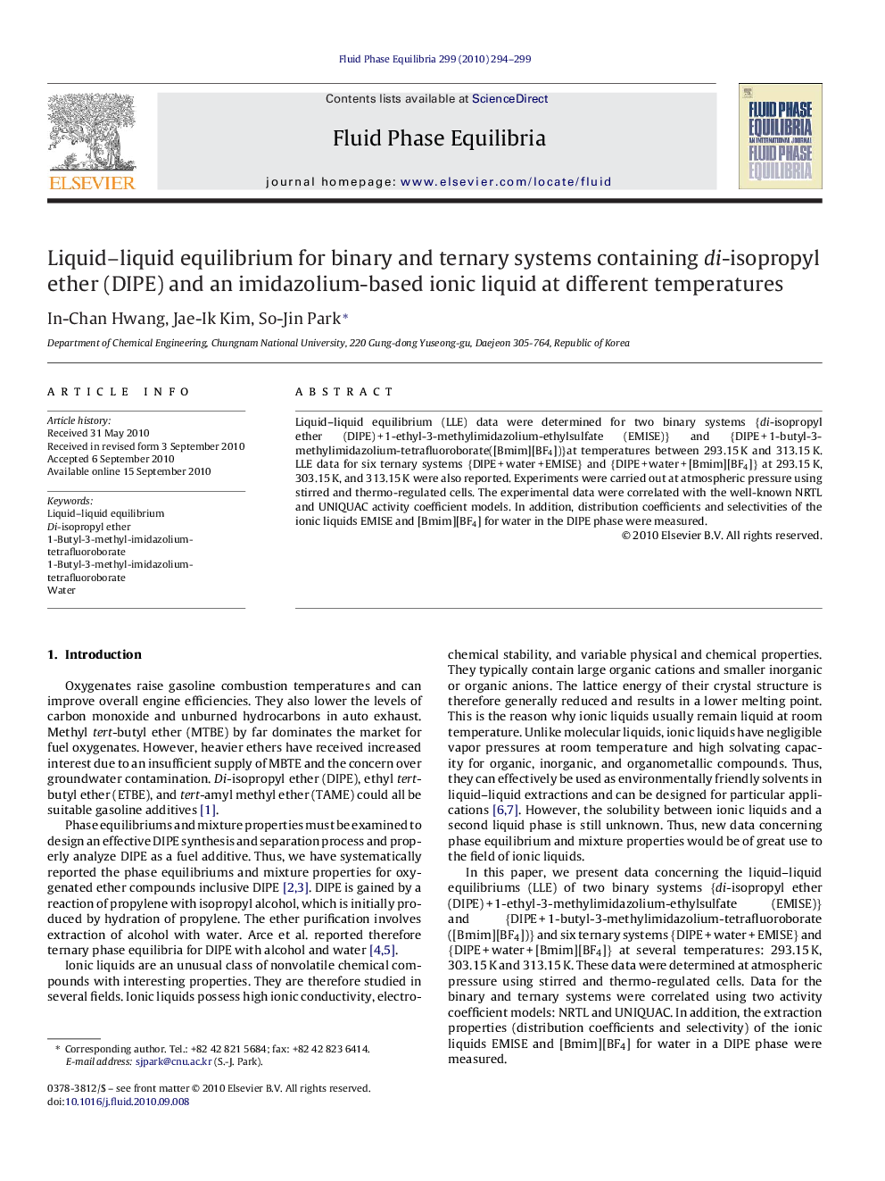 Liquid–liquid equilibrium for binary and ternary systems containing di-isopropyl ether (DIPE) and an imidazolium-based ionic liquid at different temperatures