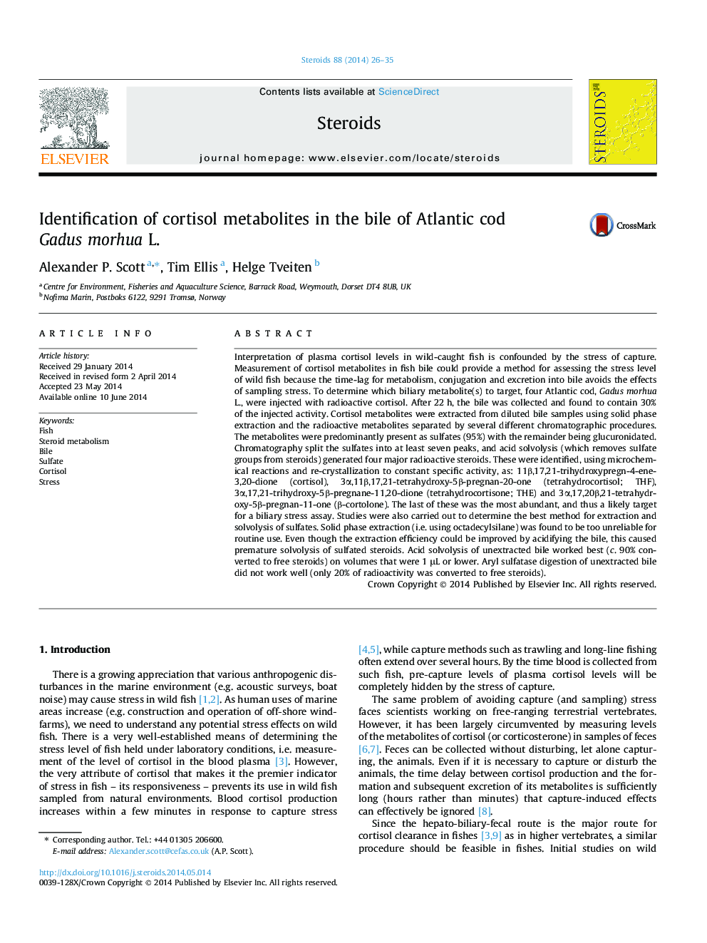 Identification of cortisol metabolites in the bile of Atlantic cod Gadus morhua L.