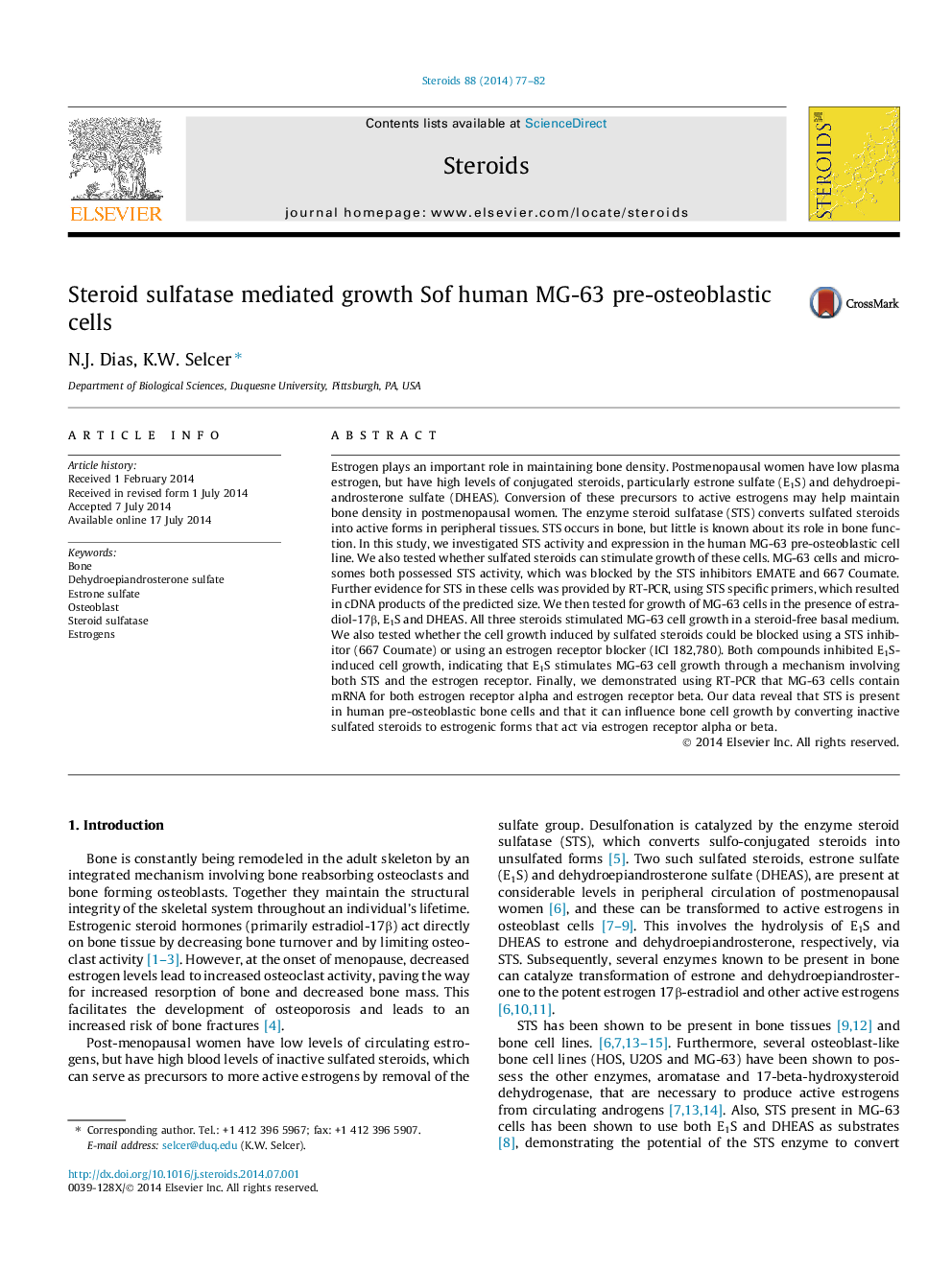 Steroid sulfatase mediated growth Sof human MG-63 pre-osteoblastic cells