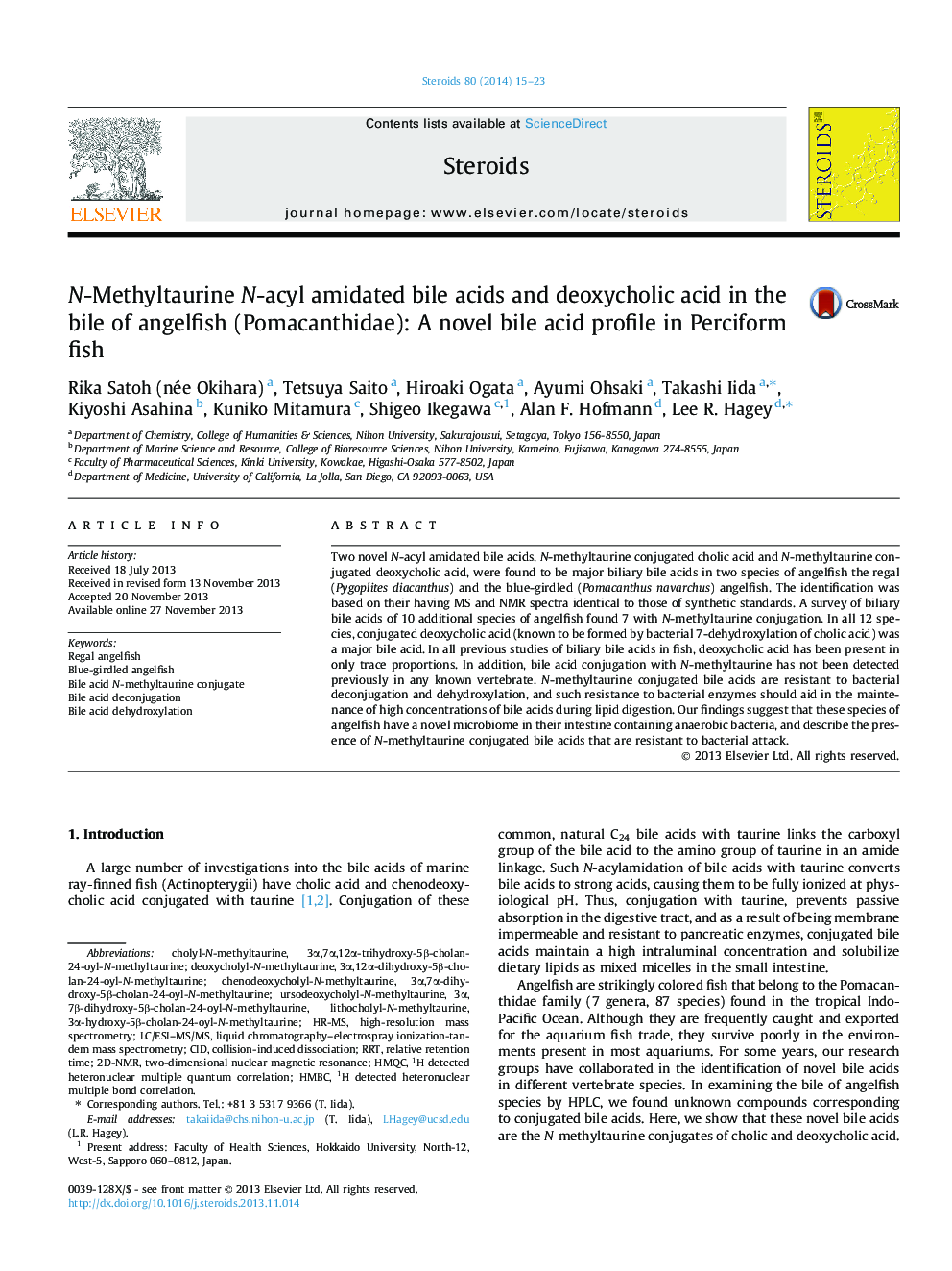 N-Methyltaurine N-acyl amidated bile acids and deoxycholic acid in the bile of angelfish (Pomacanthidae): A novel bile acid profile in Perciform fish