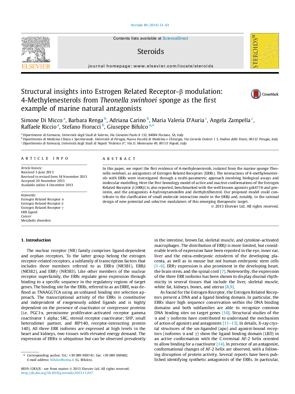 Structural insights into Estrogen Related Receptor-Î² modulation: 4-Methylenesterols from Theonella swinhoei sponge as the first example of marine natural antagonists