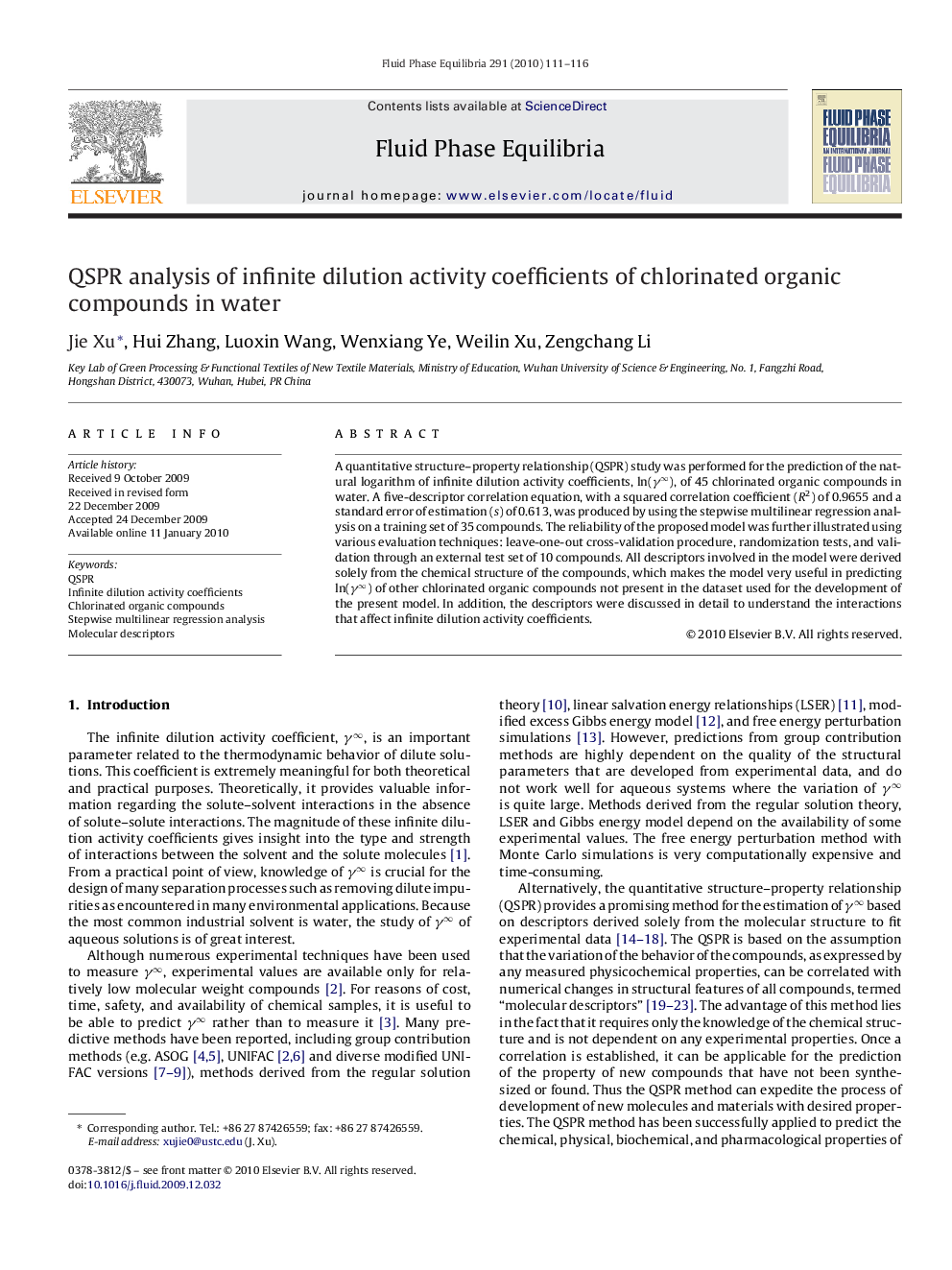 QSPR analysis of infinite dilution activity coefficients of chlorinated organic compounds in water