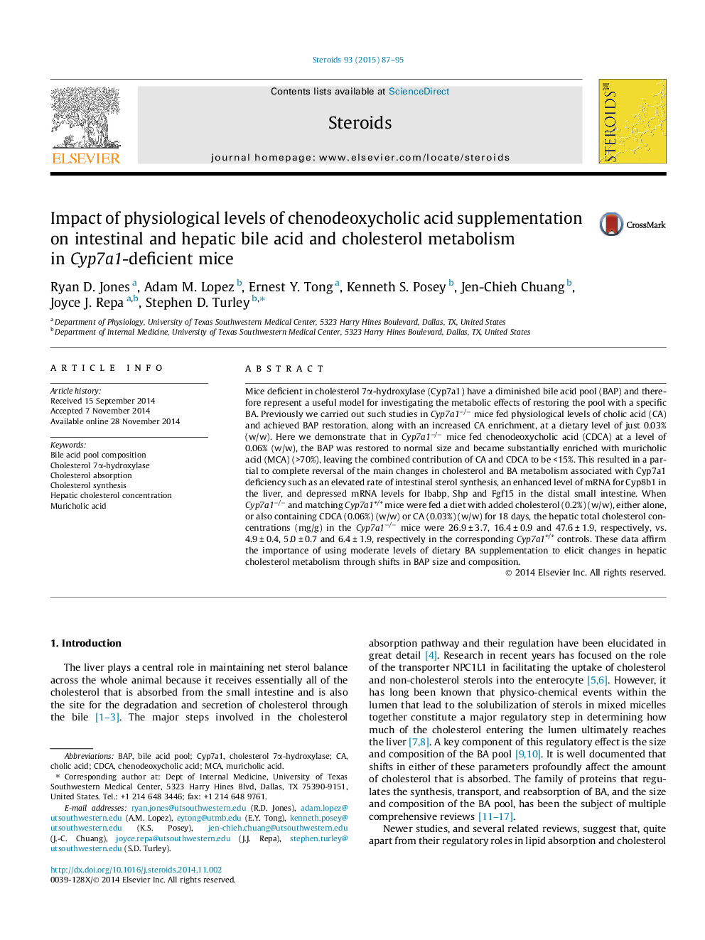 Impact of physiological levels of chenodeoxycholic acid supplementation on intestinal and hepatic bile acid and cholesterol metabolism in Cyp7a1-deficient mice