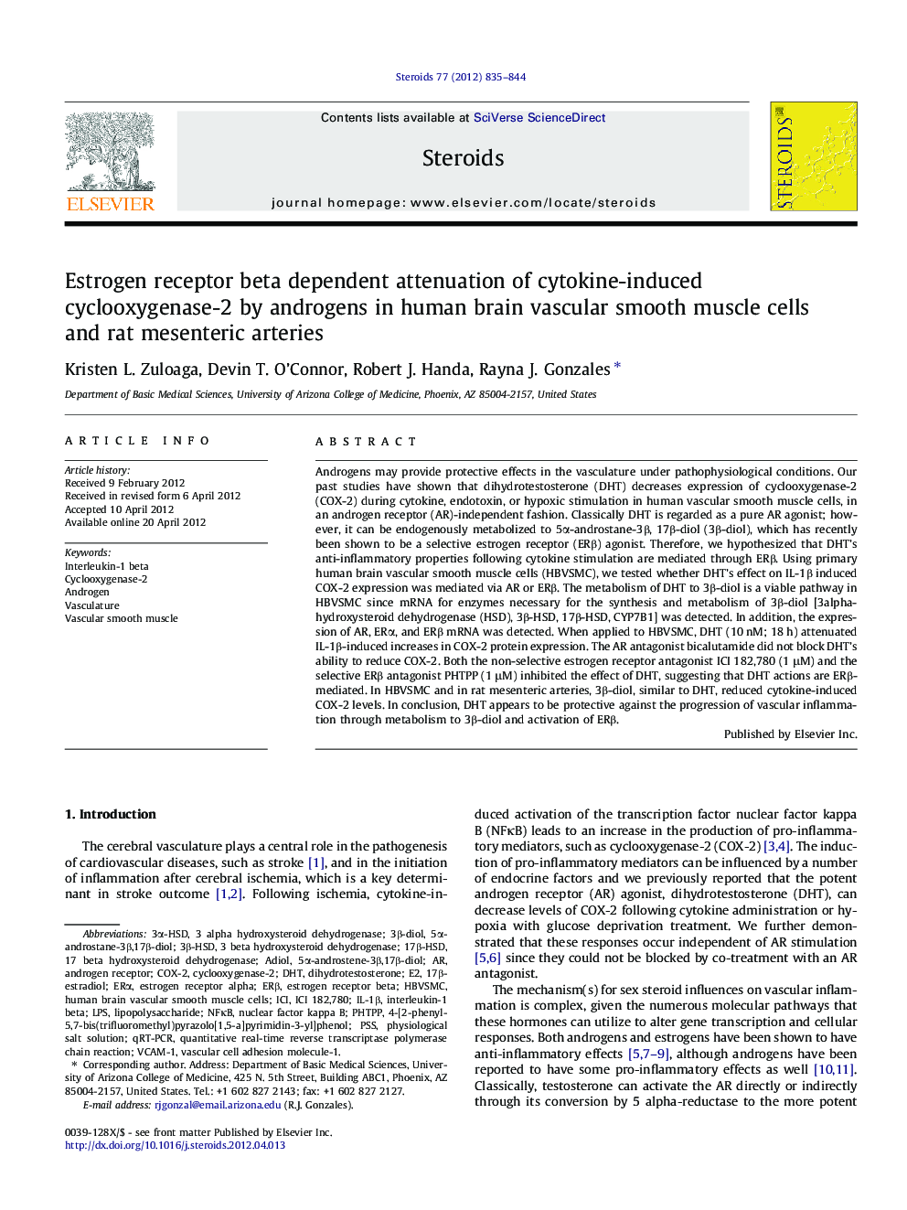 Estrogen receptor beta dependent attenuation of cytokine-induced cyclooxygenase-2 by androgens in human brain vascular smooth muscle cells and rat mesenteric arteries