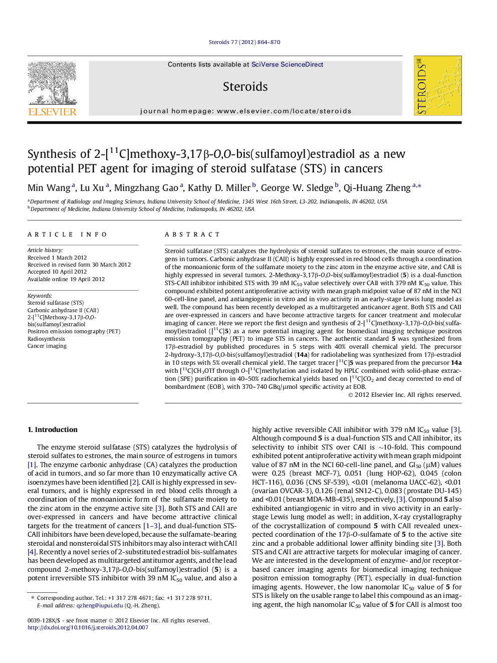 Synthesis of 2-[11C]methoxy-3,17β-O,O-bis(sulfamoyl)estradiol as a new potential PET agent for imaging of steroid sulfatase (STS) in cancers