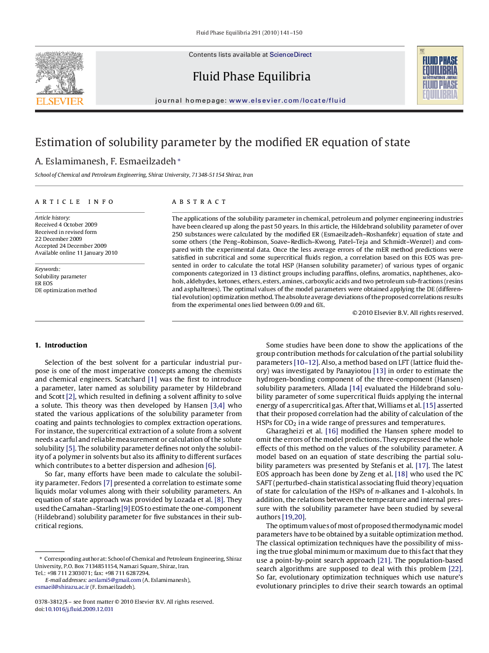 Estimation of solubility parameter by the modified ER equation of state