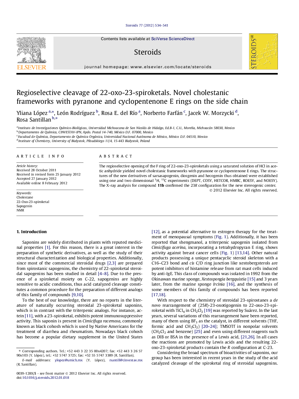 Regioselective cleavage of 22-oxo-23-spiroketals. Novel cholestanic frameworks with pyranone and cyclopentenone E rings on the side chain