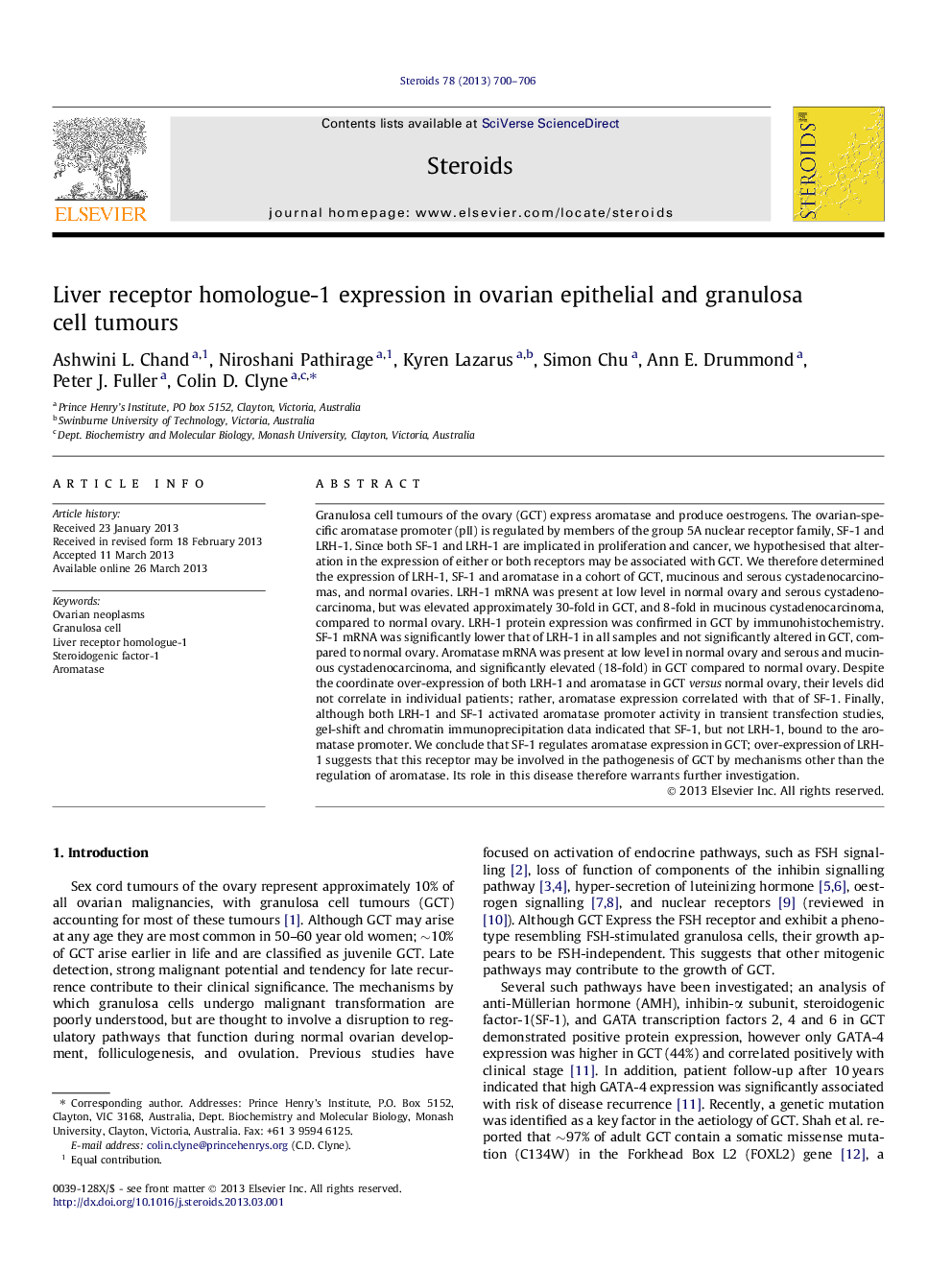 Liver receptor homologue-1 expression in ovarian epithelial and granulosa cell tumours